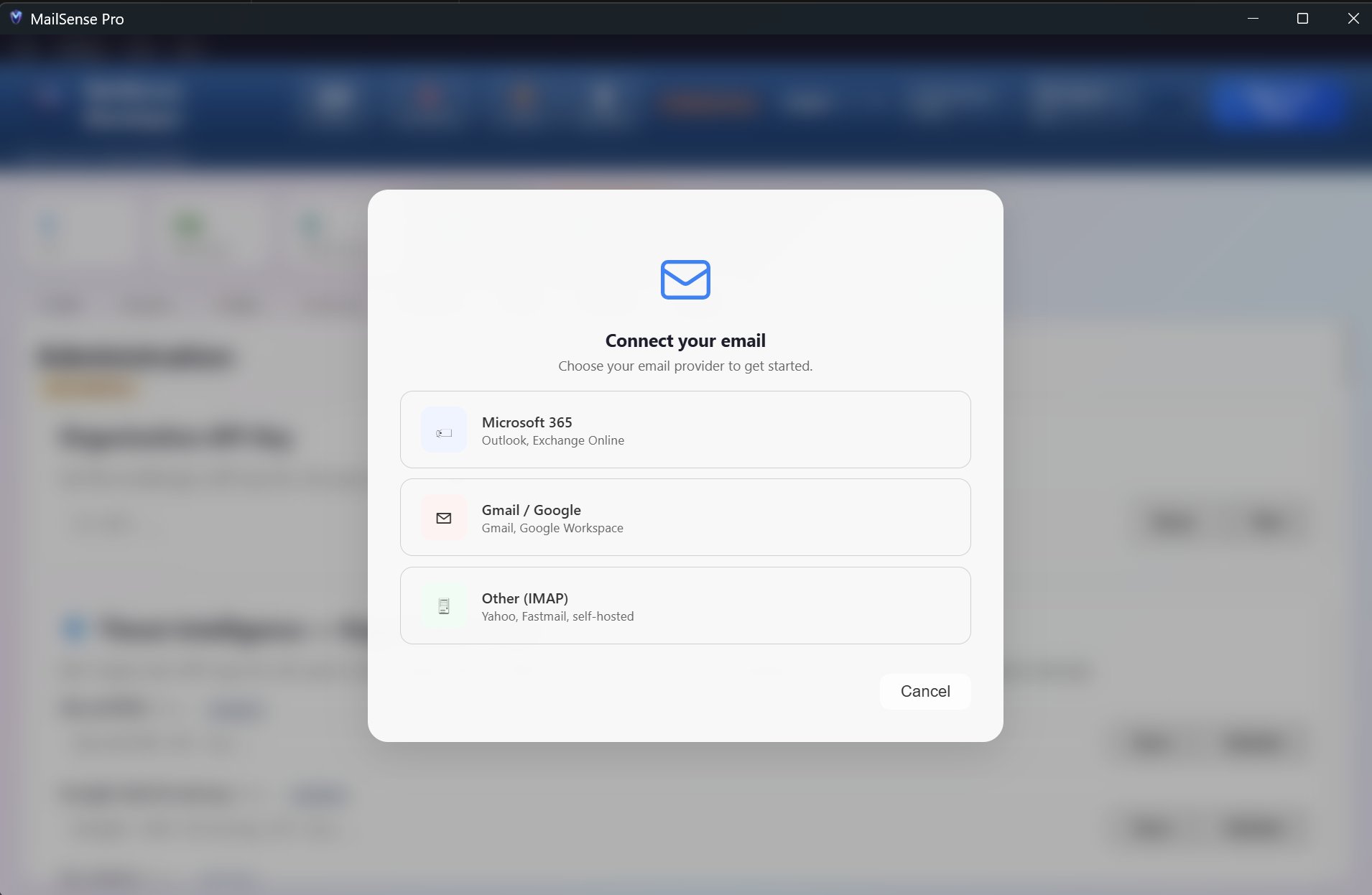 Email provider connection screen