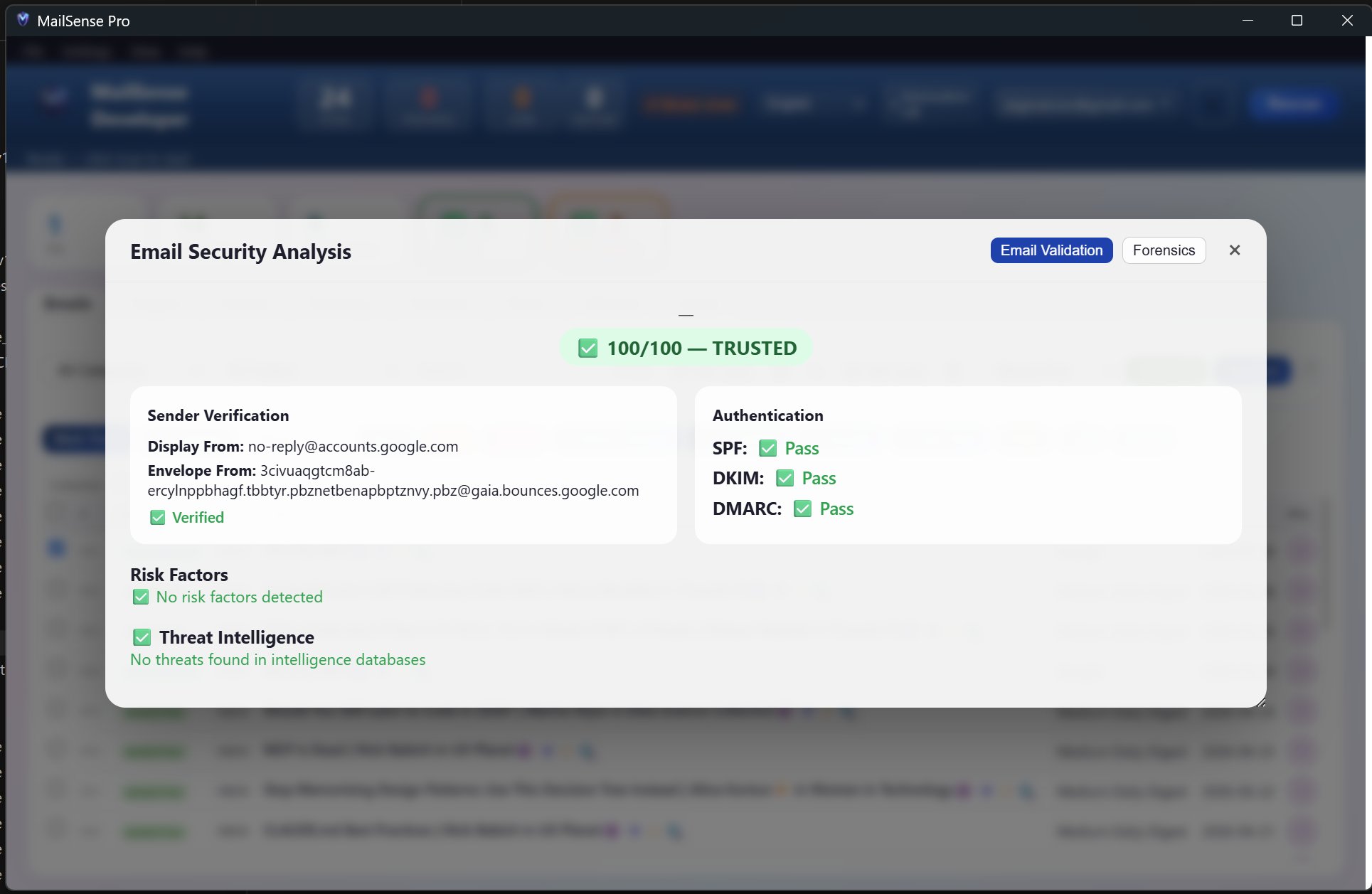 Email trust score with sender verification details