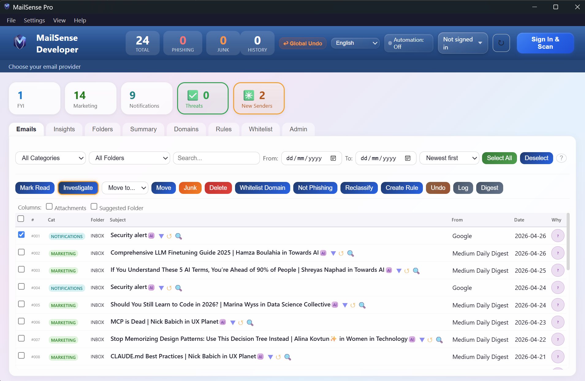MailSense Pro main dashboard showing email classification